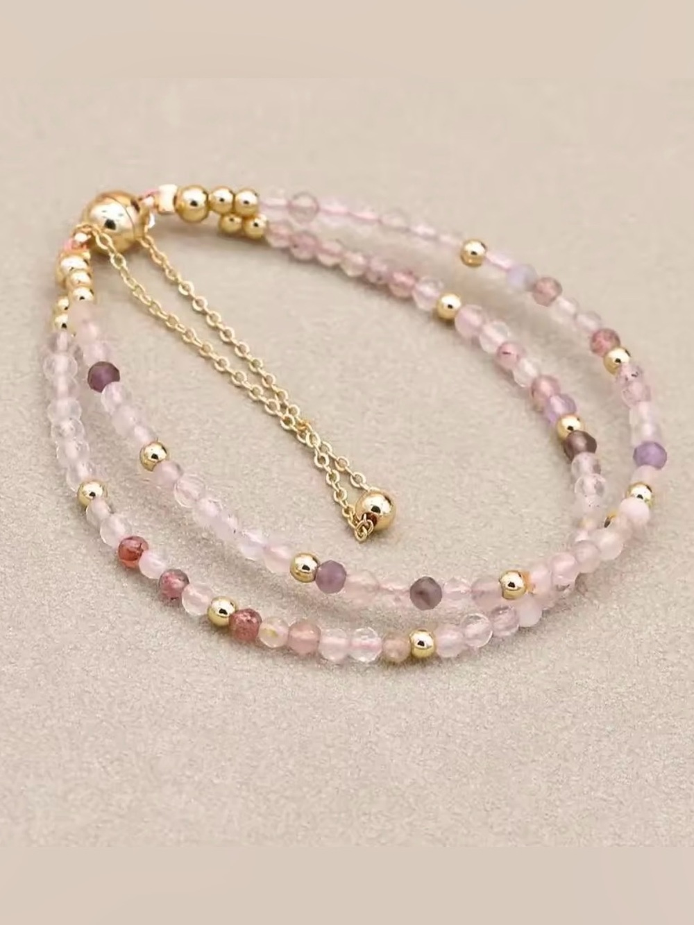 Super Seven Double Layer Pink Quartz Beaded Wrap Magnetic Ball Bracelet. New.